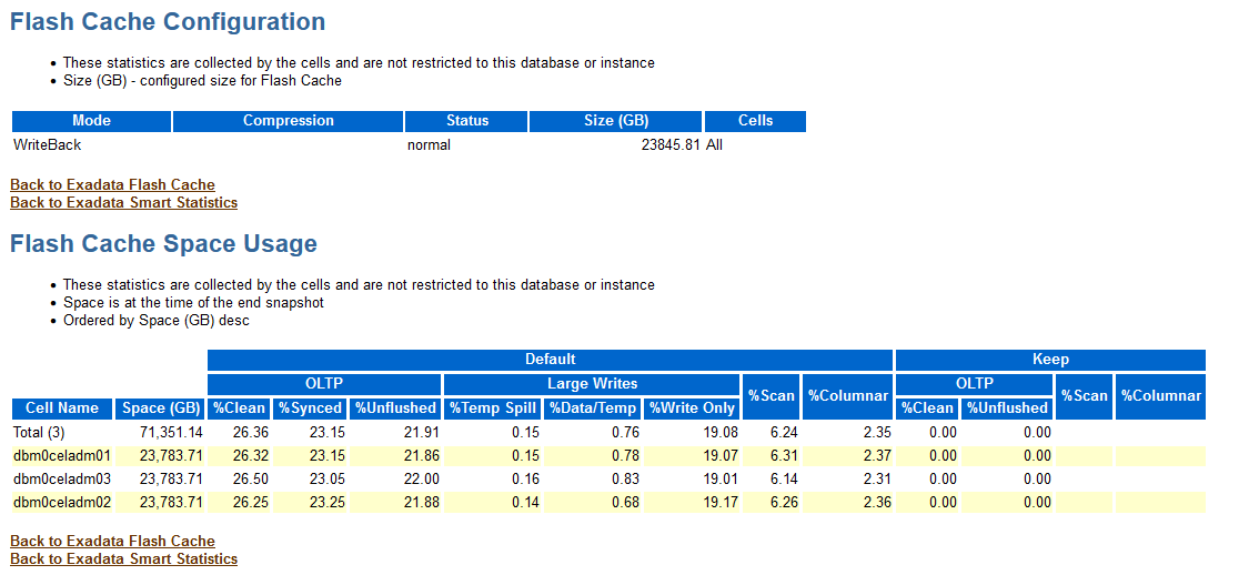 The image shows an example of the Flash Cache Configuration and Flash Cache Space Usage sections in the AWR report. The image shows an example of the Flash Cache Configuration and Flash Cache Space Usage sections in the AWR report.