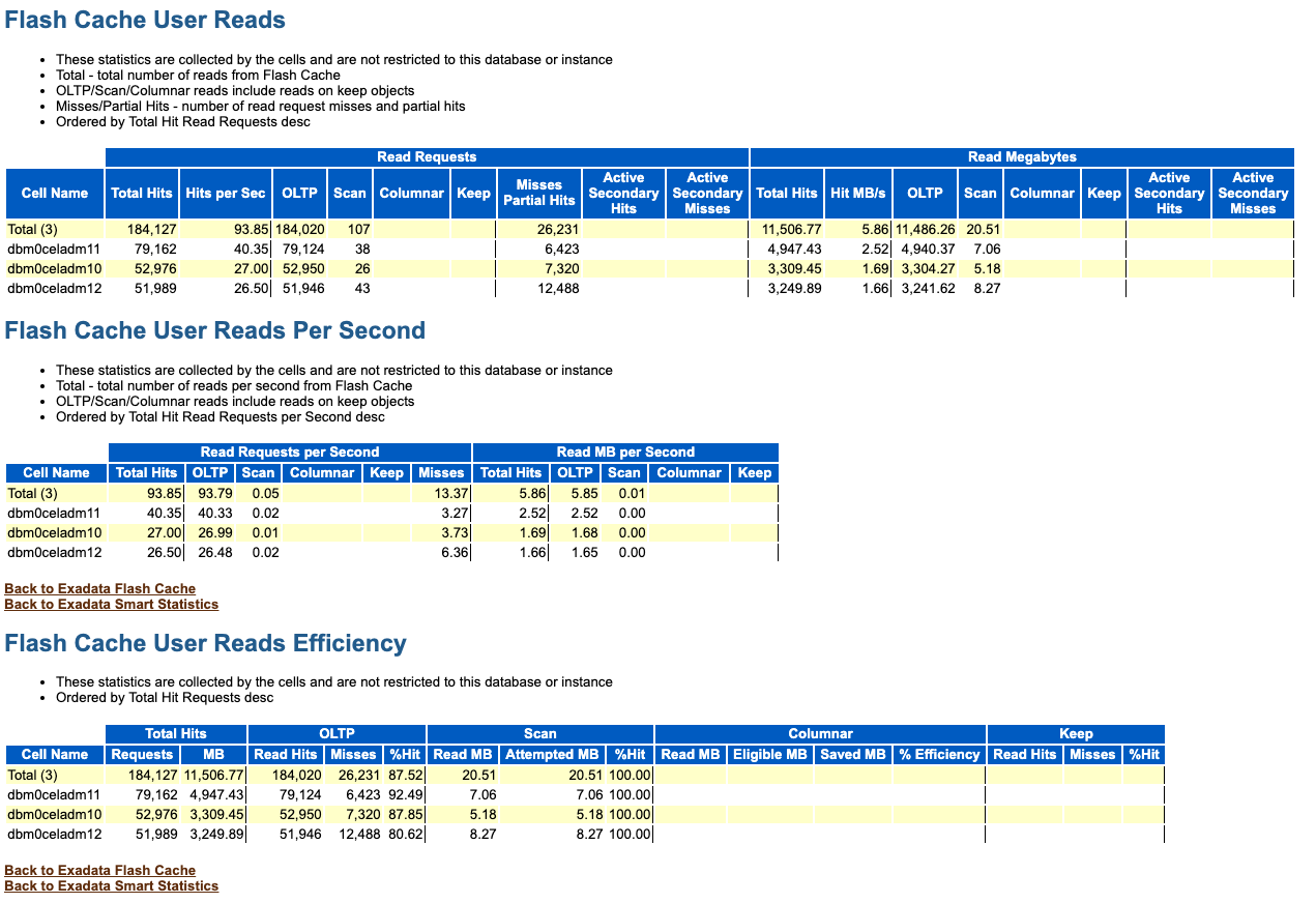 The image shows an example of the Flash Cache User Reads, Flash Cache User Reads Per Second, and Flash Cache User Reads Efficiency sections in the AWR report. The image shows an example of the Flash Cache User Reads, Flash Cache User Reads Per Second, and Flash Cache User Reads Efficiency sections in the AWR report.