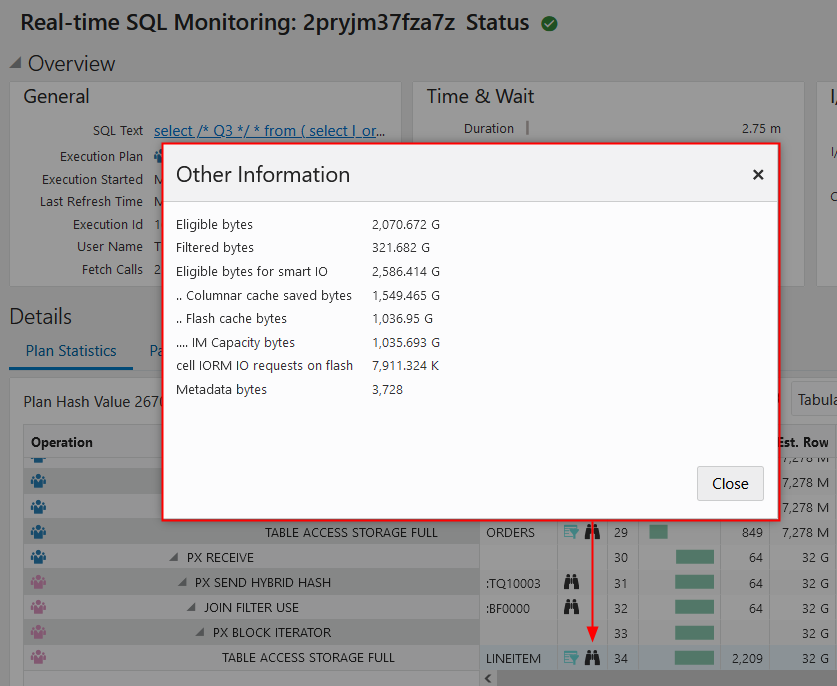 The image shows an example of smart I/O row source statistics provided by SQL monitor. The image shows an example of smart I/O row source statistics provided by SQL monitor.