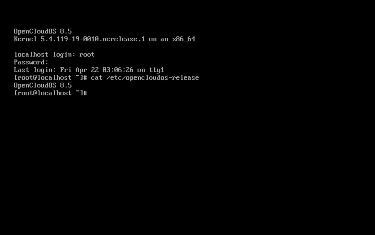 OpenCloudOS V8 reboot and login example picture